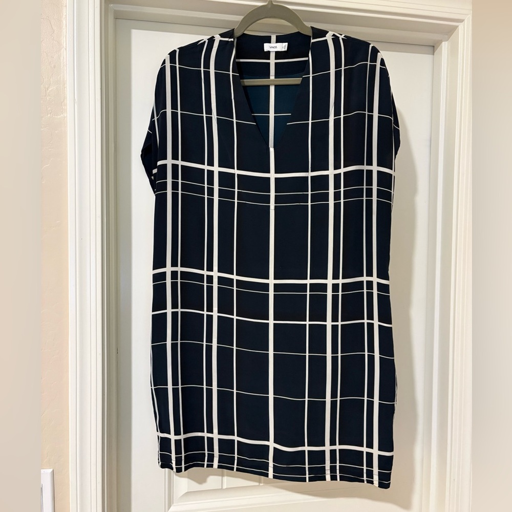 Vince Silk Grid Print Shift Dress w/ Pockets | Navy + Ivory | XS